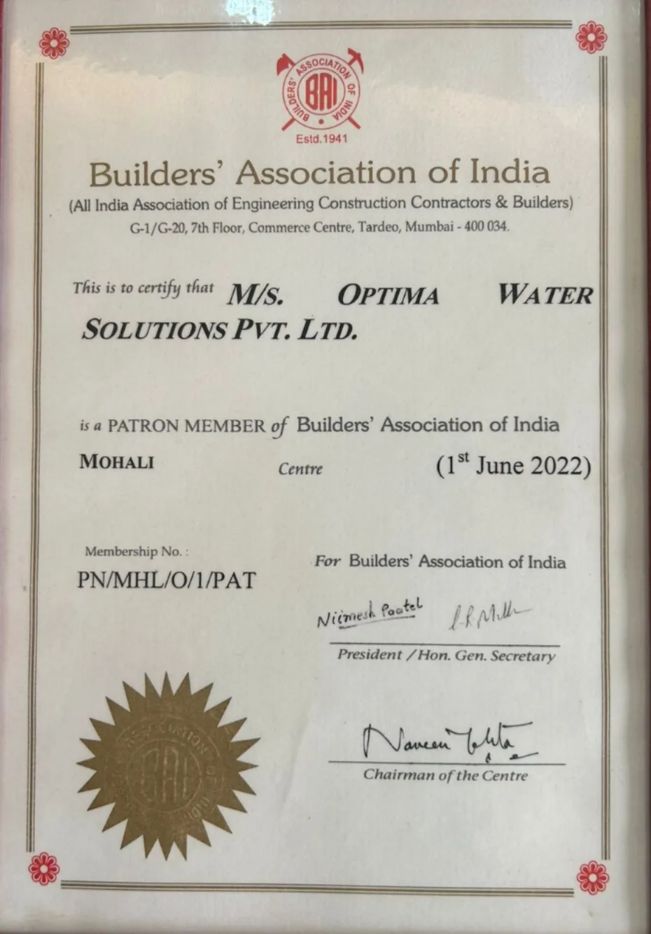 Optima Water Solutions industry recognition award 1