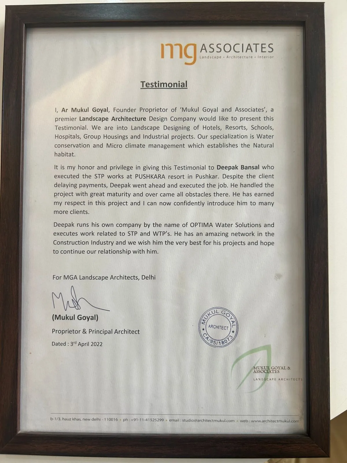 Optima Water Solutions industry recognition award 3